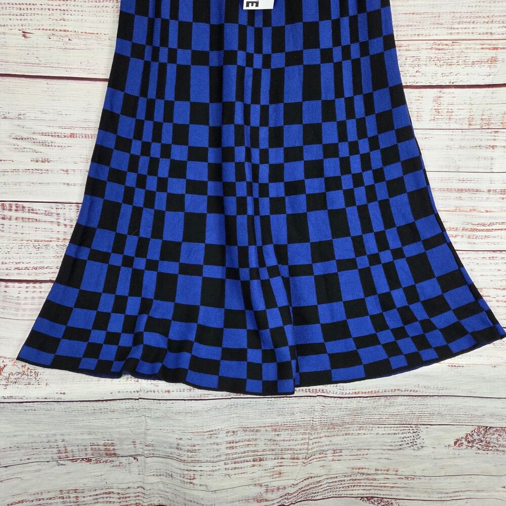 Future Collective Stretch Aline Midi Skirt M Black Blue Check Plaid Party NWT - Picture 6 of 12